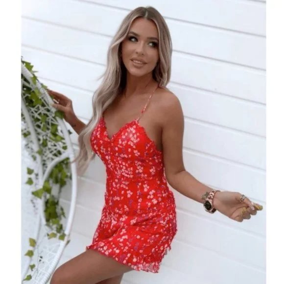 Red Floral Print Sleeveless V-Neck Open Back Backless Mini Dress - Picture 7 of 7